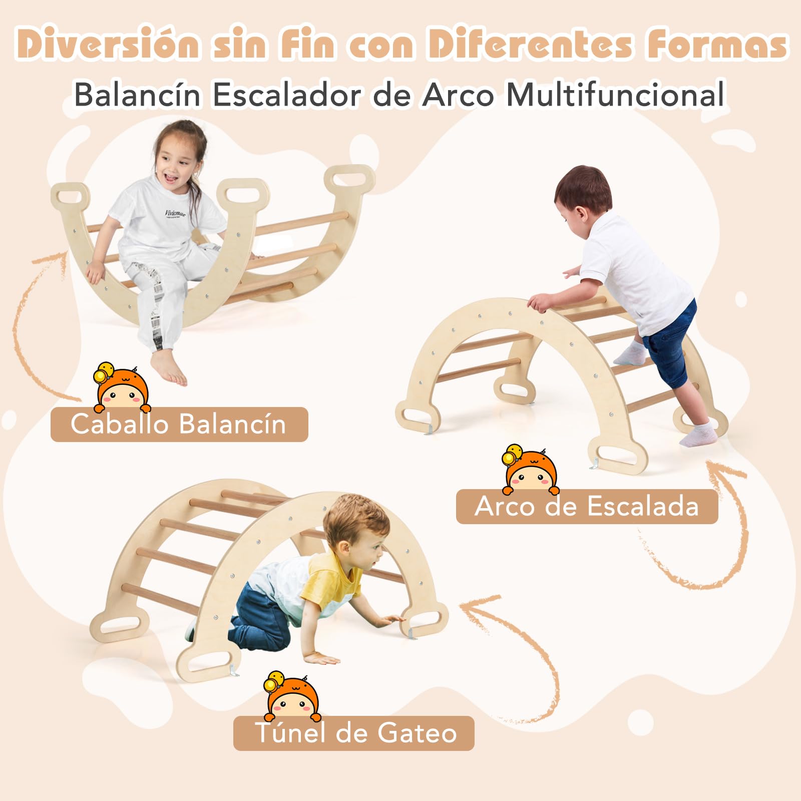 COSTWAY 7 en 1 Triángulo de Escalada de Madera para Niños, Juego de Escalada con Triángulo/Arco/Rampa para Deslizarse o Escalar, Set de Escalada Montessori para Niños 1+ Año, Natural (Ancho 55cm)