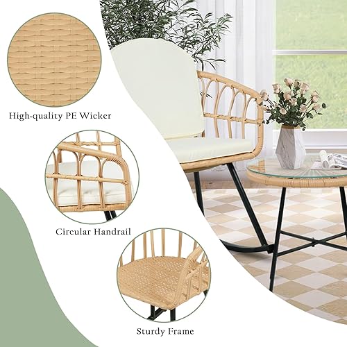 Miniatura 3 de Vikiullf Juego de mecedoras de 3 piezas, mecedoras de mimbre para exteriores con cojines gruesos, muebles de patio bohemios, juegos de bistró de