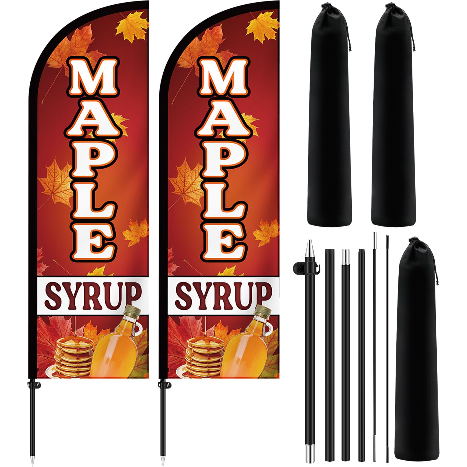 Remagr 2 Pack Maple Syrup Feather Flag 7 ft Advertising Swooper Flag Sign Windless Maple Syrup Banner with Pole Kit and Ground Stake for Businesses Restaurants Outside Ground