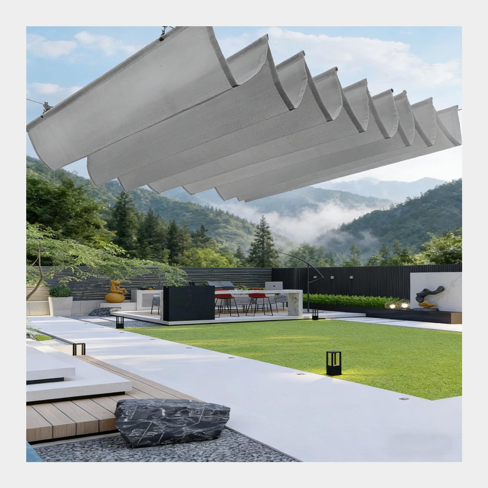 HOFUNTRE Retraktables Wellen-Pergola-Dach mit U-Form, sonnensegel mit seilspanntechnik ideal für Terrassen, Decks, Gärten, Balkone, Pavillons und Außenbereiche(W:1M/3.28ft*L:3m/9.7ft)