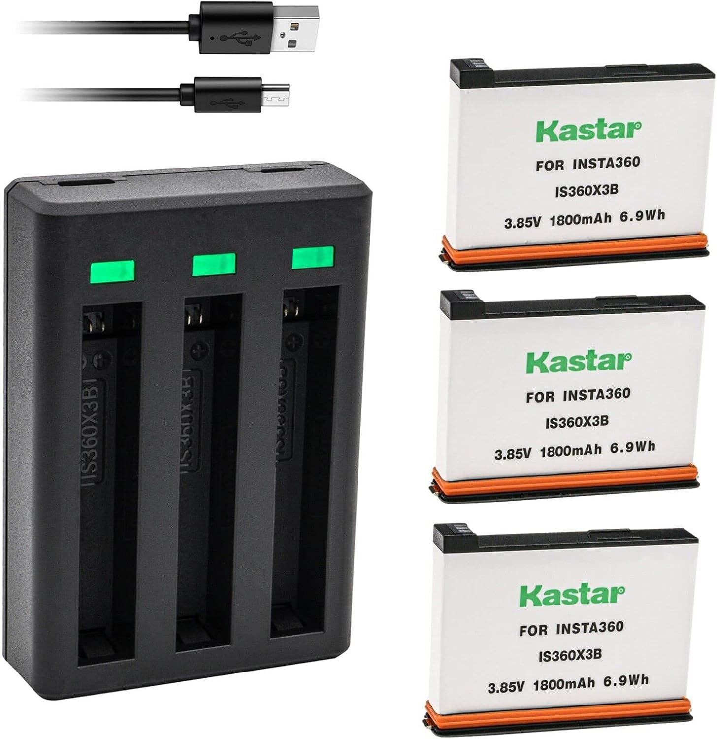 Kastar 4-Pack IS360X3B Battery and Triple USB Charger Compatible with Insta 360 X3 Rechargeable Lithium Polymer Battery, Insta360 X3 72MP Waterproof 5.7K 360° VR AI Action Helmet Camera