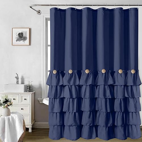 Miniatura 7 de Seasonwood Cortina de ducha azul marino para baño, cortina de ducha con volantes, 72 x 72 pulgadas, cortinas de ducha con botones y volantes azules
