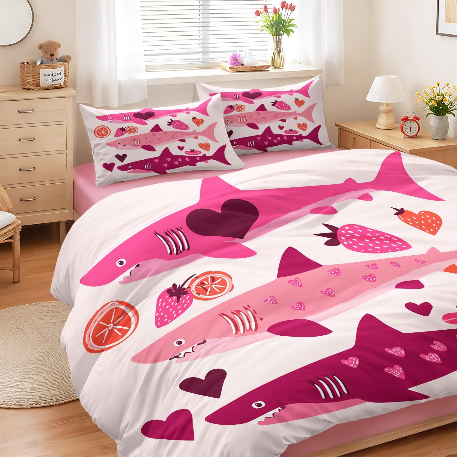 Housse de couette requin 240x260 cm avec drap housse pour un lit ordonné