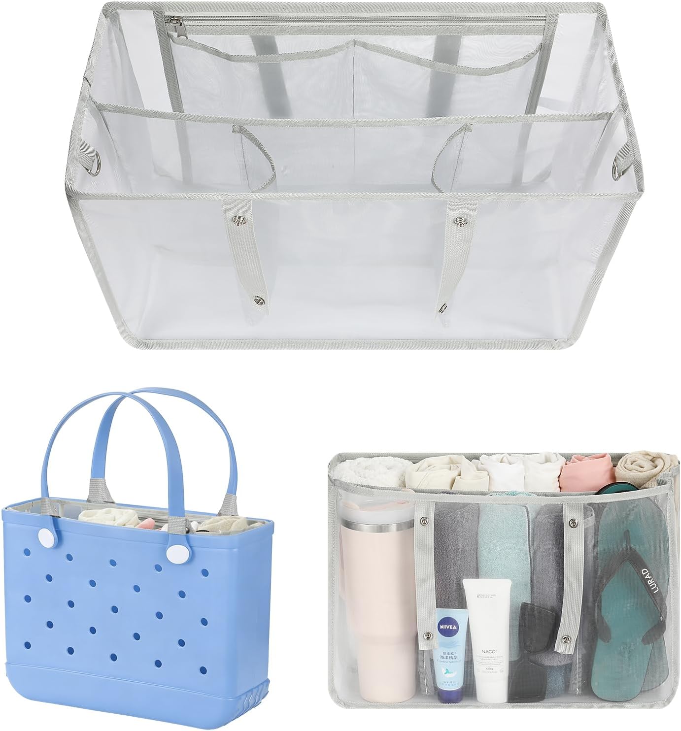 MoKo Beach Bag Organizer Inserts for Original X-Large Bogg Bag Accessories, Lightweight Mesh Insert Divider Pouch, Save Storage Space, Gray