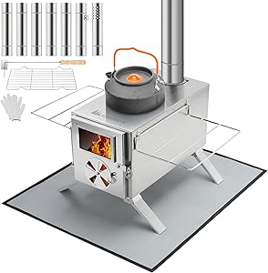 Gonex Hot Tent Stove, Portable Wood Burning Camping Stainless Steel Stove with Chimney Pipes for Tent, Outdoor, Heating, Cooking, Ice Fishing