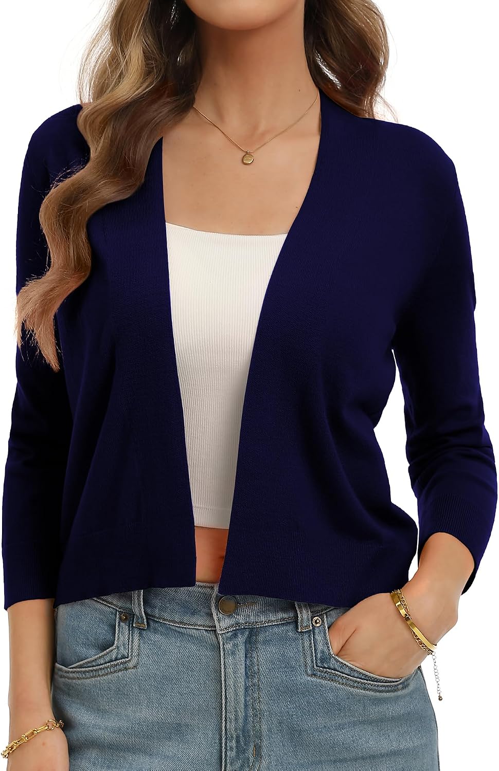 QUALFORT Womens Cropped Cardigan 3/4 Sleeve Open Front Shrug | Lightweight Knit Sweater Casual Layering Short Style Everyday