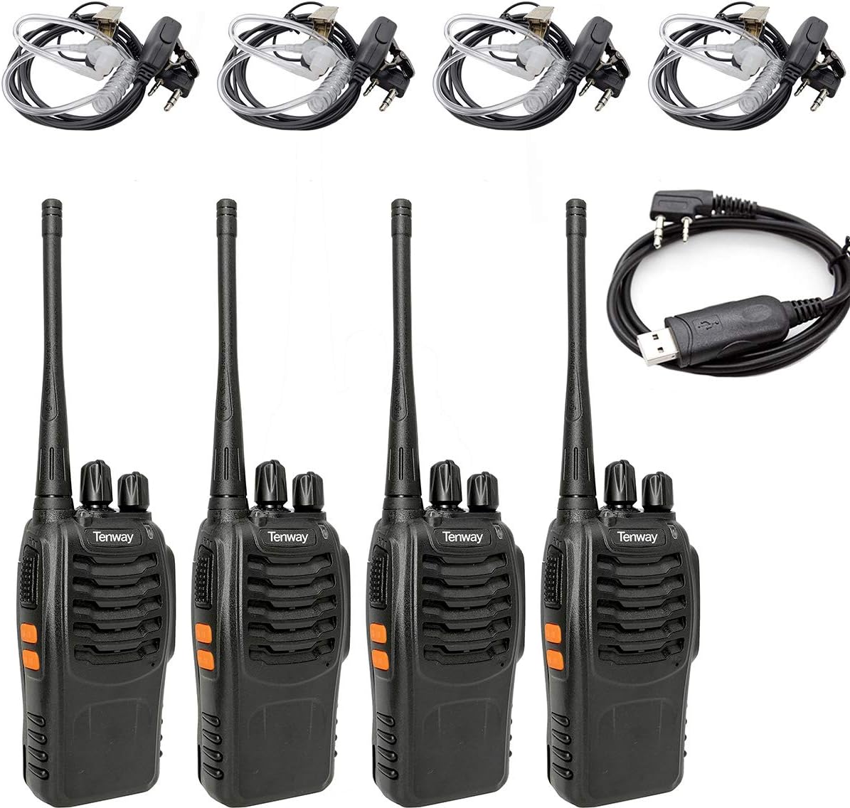 Walkie Talkie 4 Pack Rechargeable Long Range 16 CH Two Way Radio and Covert Air Acoustic Tube Earpiece and USB Programming Cable