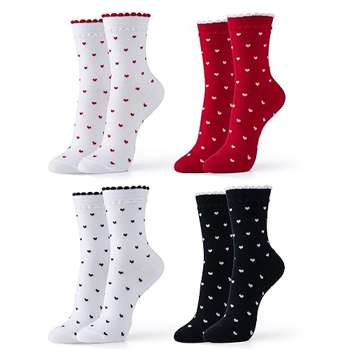 Kikiya Women's Cotton Crew Socks - Cute Flower Graphic Polka Dot Striped Heart Patterned - Ladies Girls Casual Socks Size 6-8 - 6-8 - Heart Pattern a