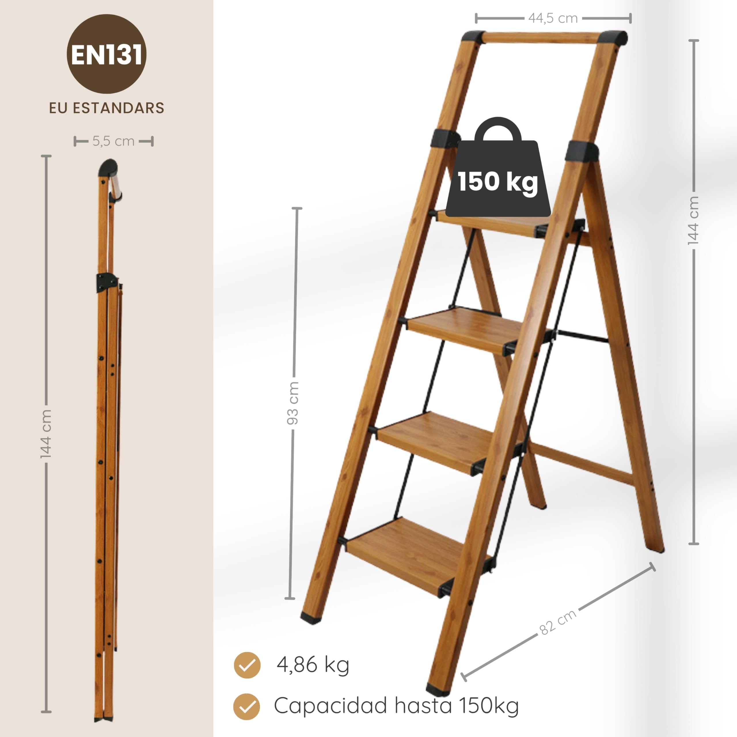 Escalera Plegable de Aluminio Efecto Madera para hogar, 4 peldaños, peldaños Anchos Antideslizantes, EN 131 - 3