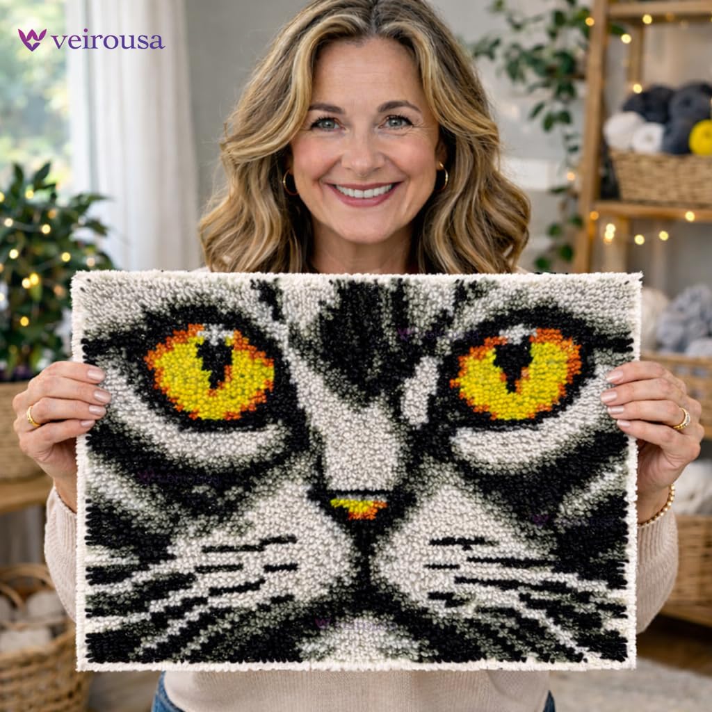 Kit de gancho de pestillo de cara de gato para adultos y niños, principiantes, kit de ganchillo, tapete de gancho preimpreso, kit de fabricación de alfombras de punto de cruz, juego de ganchillo para