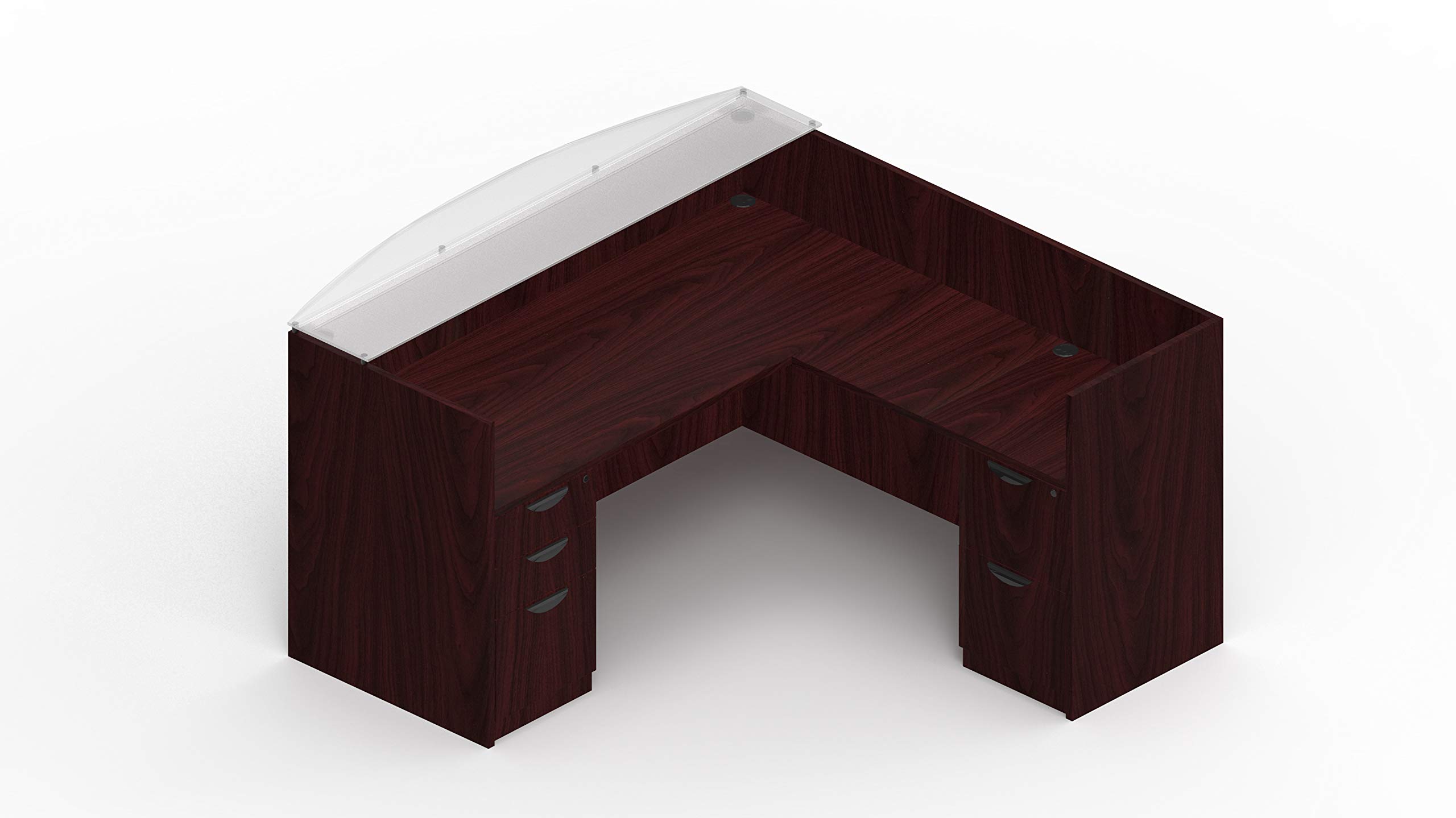 Offices To Go L Shaped Reception Desk with Glass Transaction Counter and 2 Sets of DrawersW/Drawers in (American Mahogany)