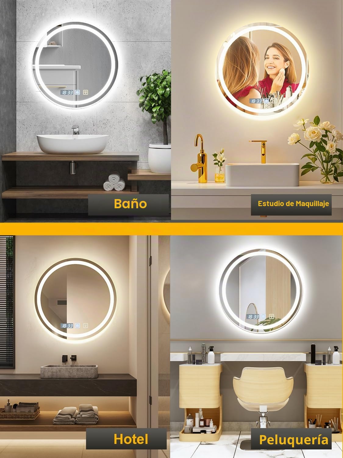 Bellanny Espejo Baño con Luz, 60cm Espejo Grande de Pared, 3000K/4500K/6500K Espejo-Baño-Antivaho, Espejos de Tocador | Regulable,Memoria,Reloj,Vidrio Templado HD,IP44 LED Espejos Retroiluminado Ronda