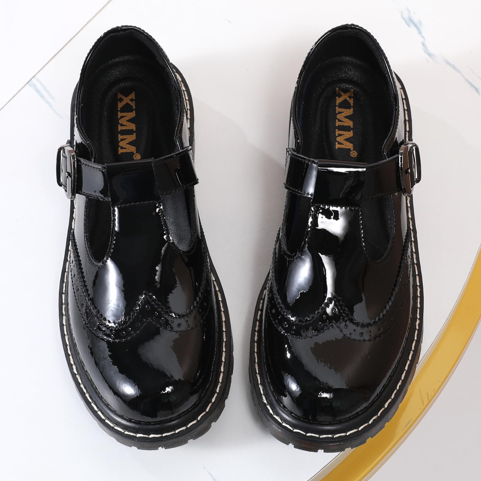 XMM Mary Jane Shoes Women Oxford Shoes Leather Round Toe Flats Non-Slip Ankle Buckle Strap Comfort Casual Dressy Cosplay Party School Work Shoes
