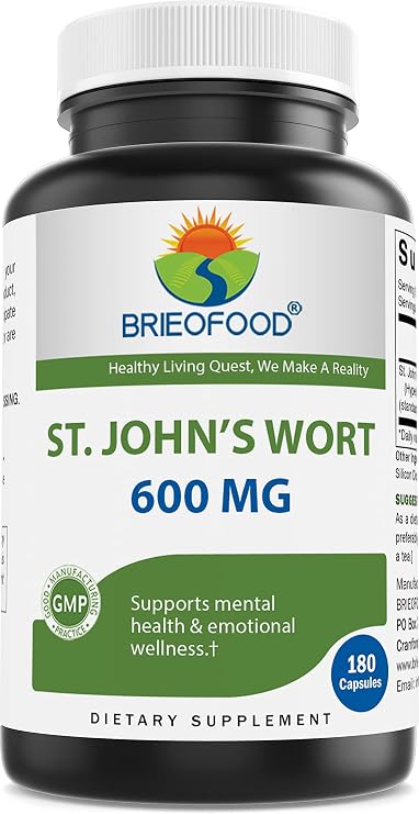 Brieofood St. John's Wort (Hypericum perforatum) 600 mg per Serving - 0.3% Standardized Extract - 180 Capsules - Promotes Positive Mood