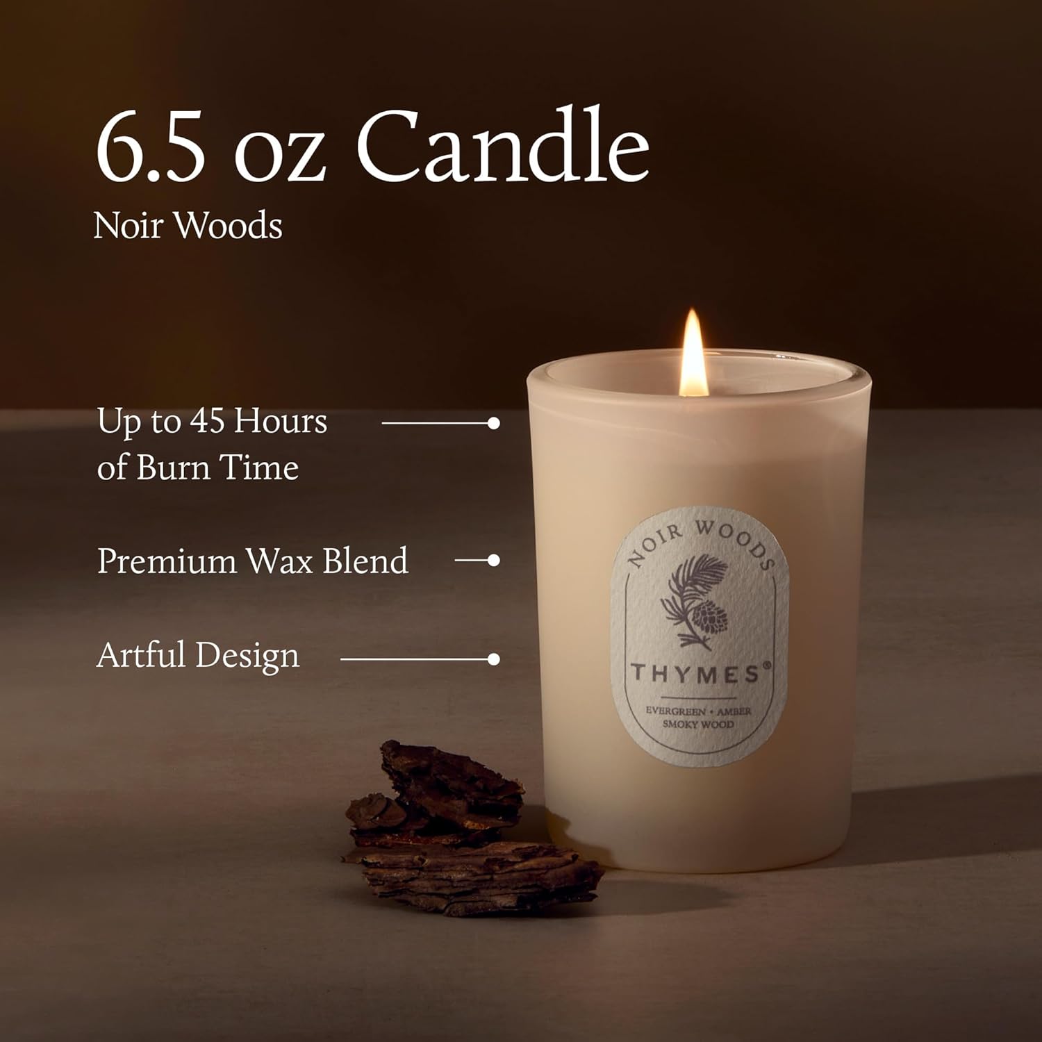Thymes Noir Woods Scented Candles for Home Decor – Notes of Fresh Evergreen, Smoky Wood & Golden Amber – Luxury Home Fragrance Gifts for Women & Men – (Boxed Small Candle, 6.5 oz)