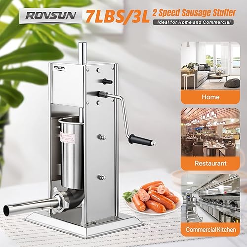 Miniatura 2 de ROVSUN Relleno manual de salchichas de 7 libras3 L, máquina de embutido vertical de acero inoxidable de dos velocidades, máquina de llenado de carne