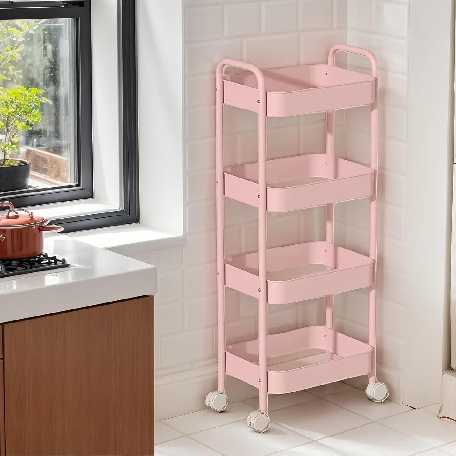 3-Tier Rolling Storage Cart with Wheels, 30.7H x 17.7W x 11.8D inches, (Pink 4 Tier)
