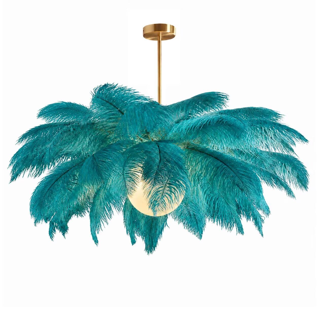 GUANSHAN Creative Peacock Blue Ostrich Feather Ceiling Lamp, Romantic and Aesthetic Feather Chandelier Pendant Lamp with Golden Base for Bedroom, Living Room, Corridor