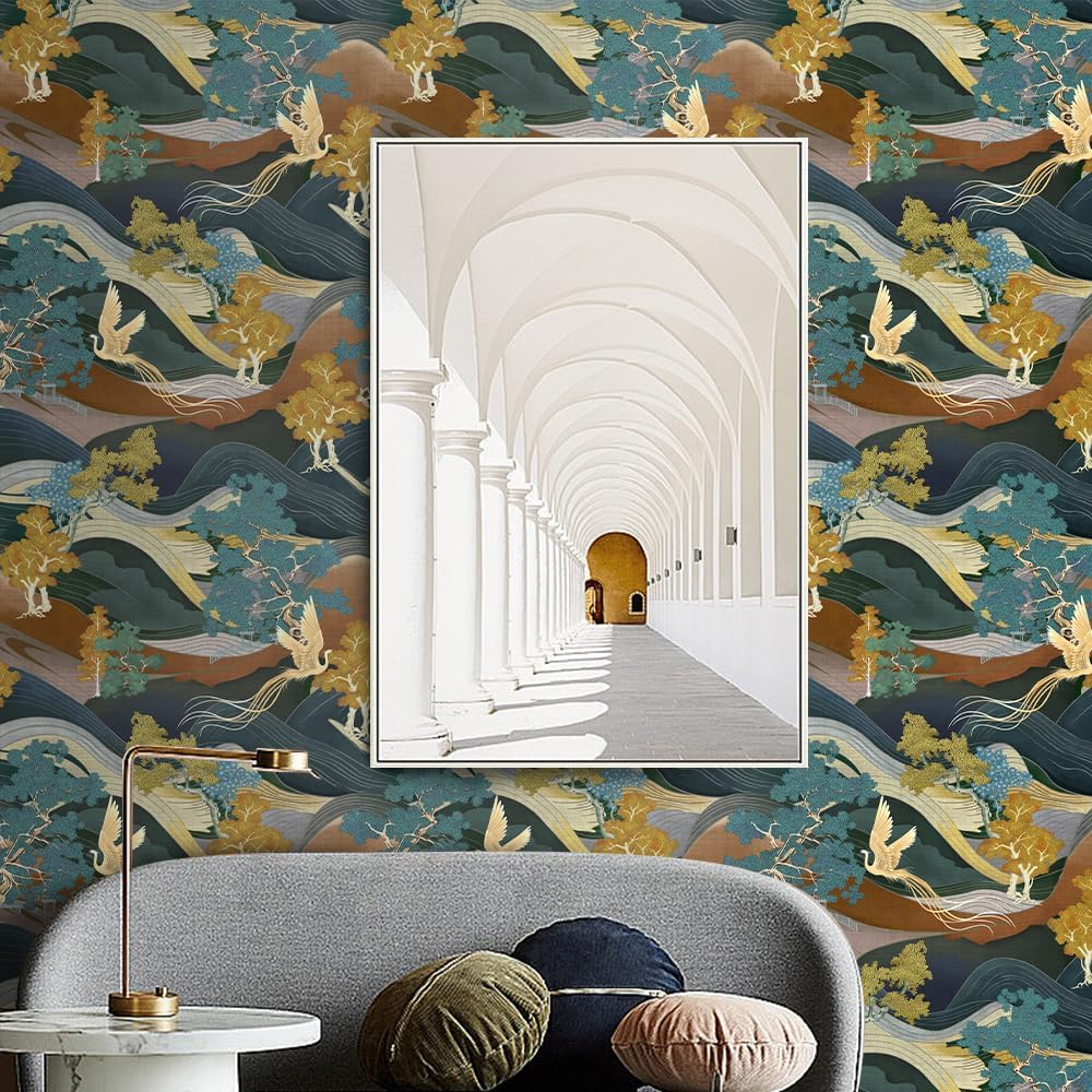 17.5"x118" 3D Abstract Mountain Wallpaper Yellow Blue Trees Gold Phoenix Wallpaper Self Adhesive Colorful Nature Landscape Contact Paper Wall Murals for Bedroom Living Room TV Sofa Background Home