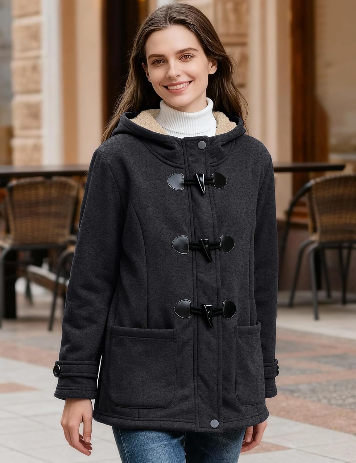 Flygo Sherpa Lined Winter Jackets for Women Fleece Hoodie Jacket Warm Fall Winter Toggle Duffle Coats - Image 2