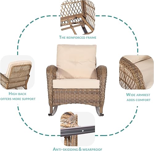 Miniatura 4 de MEETWARM Mecedora de mimbre para exteriores, sillas mecedoras de ratán para patio con cojines y respaldo alto, silla de mimbre para patio para todo