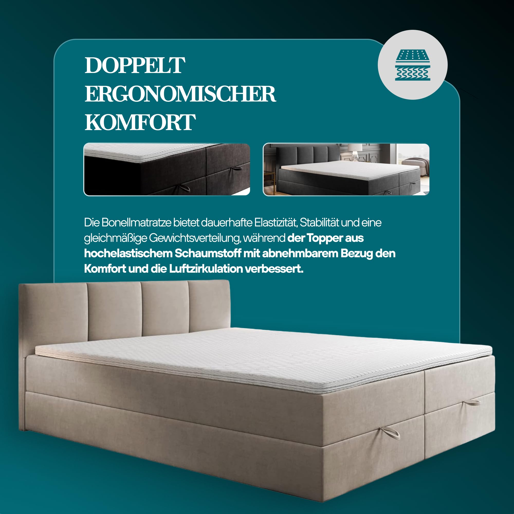 TRADA Boxspringbett 180x200 cm mit Bettkasten & Bonellmatratze, Dunkelgrau | Modell ROYAL, Elegant Bett mit Topper