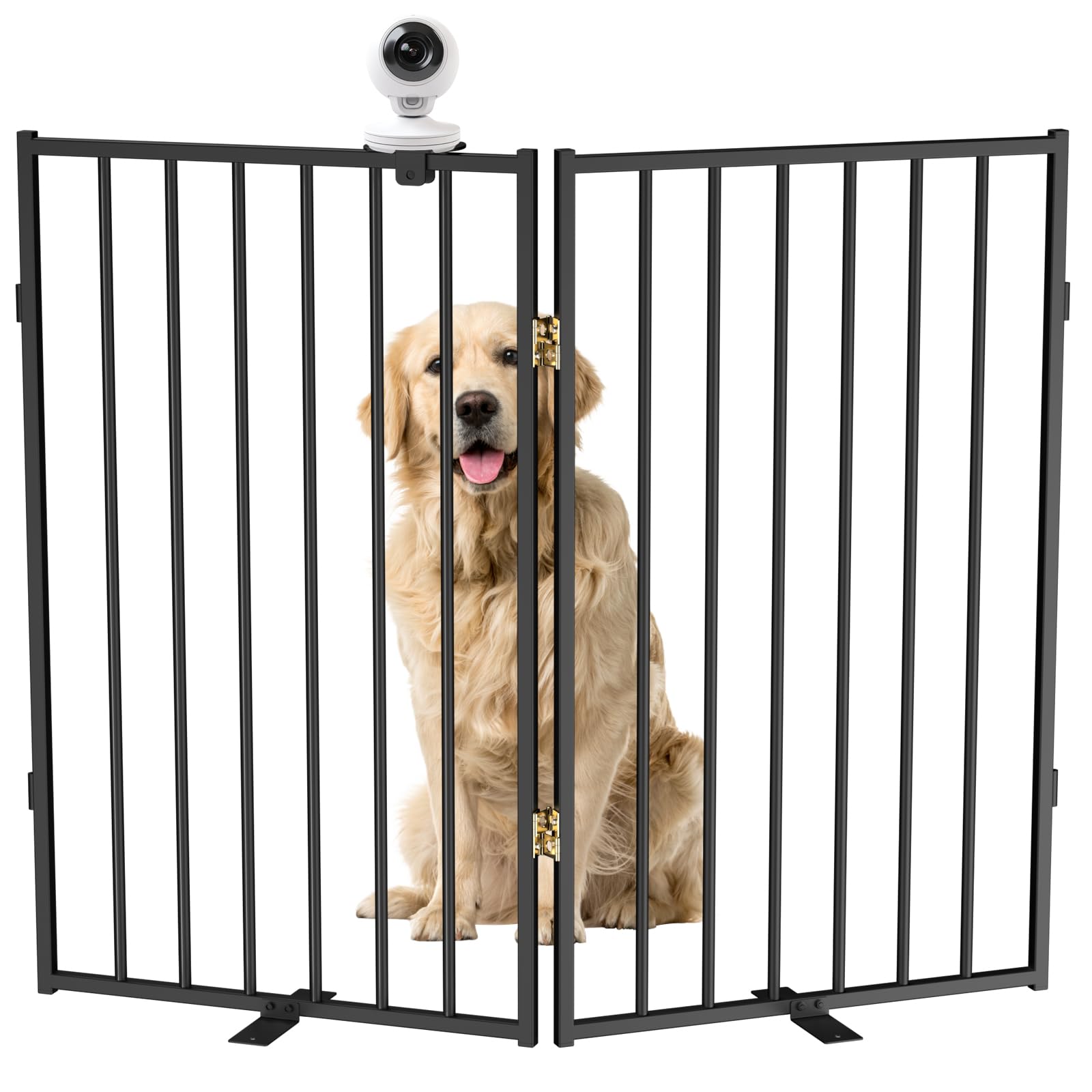 Puerta independiente de metal para perros, 2 paneles, valla plegable extra ancha para mascotas con adaptador de monitor de mascota
