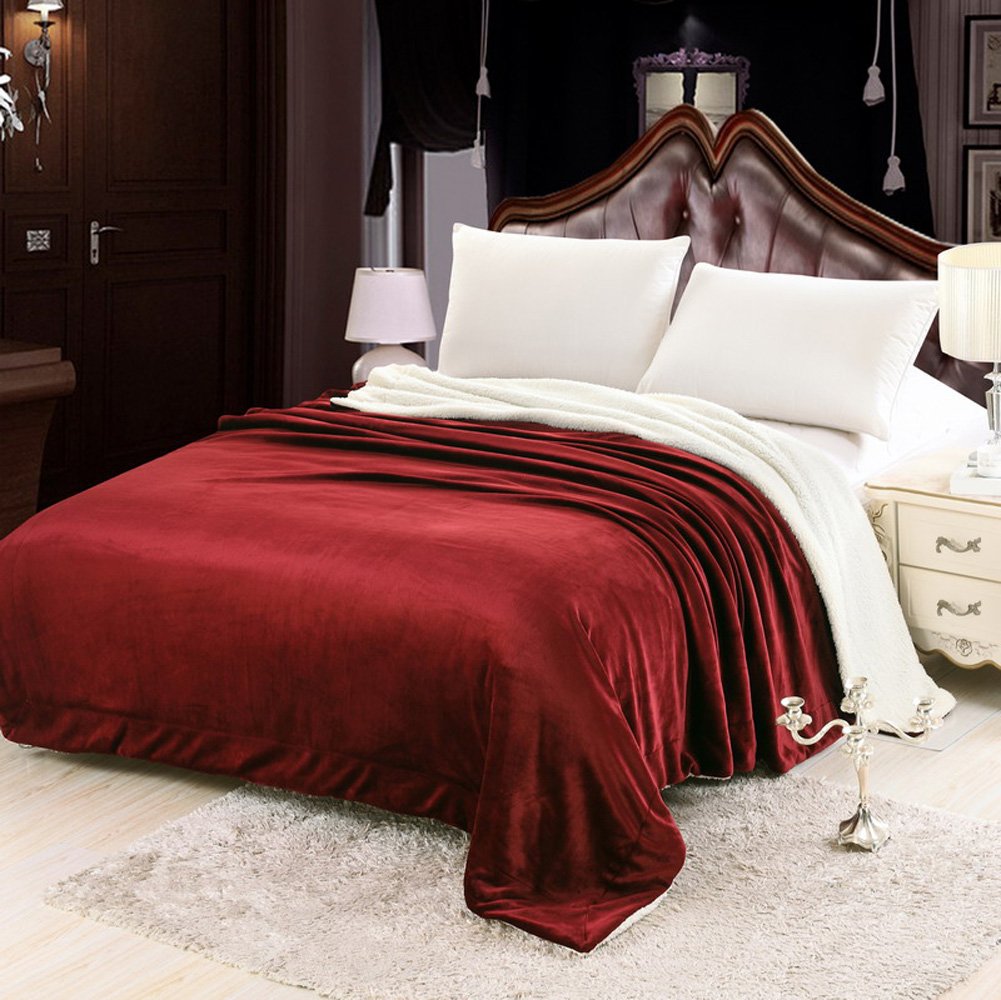 Zangge Bedding Luxury Soft Large Flannel Sherpa Throw Sofa Chunky Bed Blanket Burgundy 200cm x 230cm