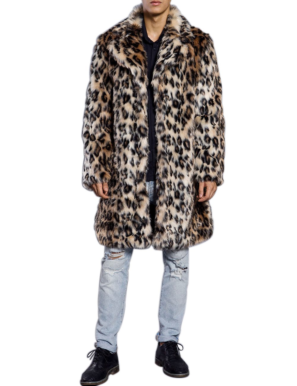 Mens Winter Warm Leopard Faux Fur Long Length Luxury Outerwear Coat Jacket