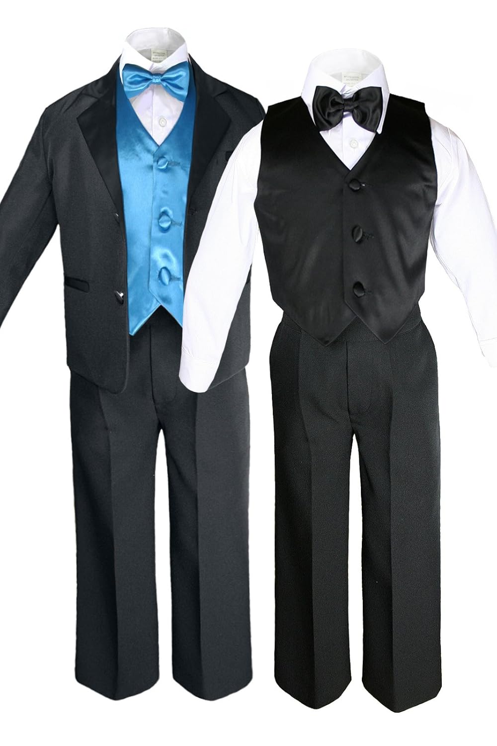 7pcs Boys Black Suits Tuxedo Satin Turquoise Blue Bow Tie Vest Set (S-20) (14)