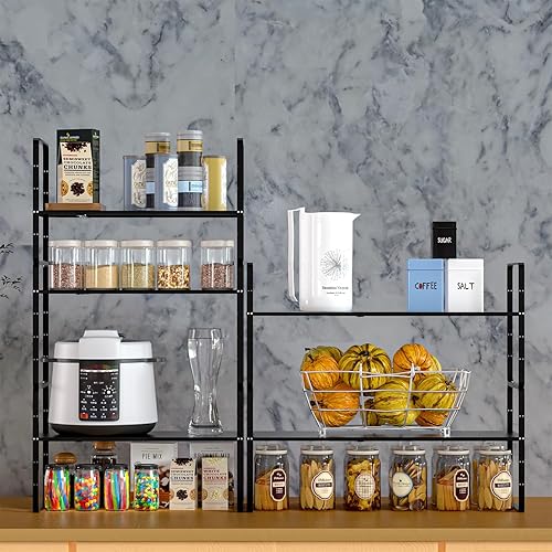 Miniatura 5 de Paquete de 2 organizadores de estantes de gabinete de cocina expandibles, estantes de almacenamiento de despensa de metal apilables, estante de
