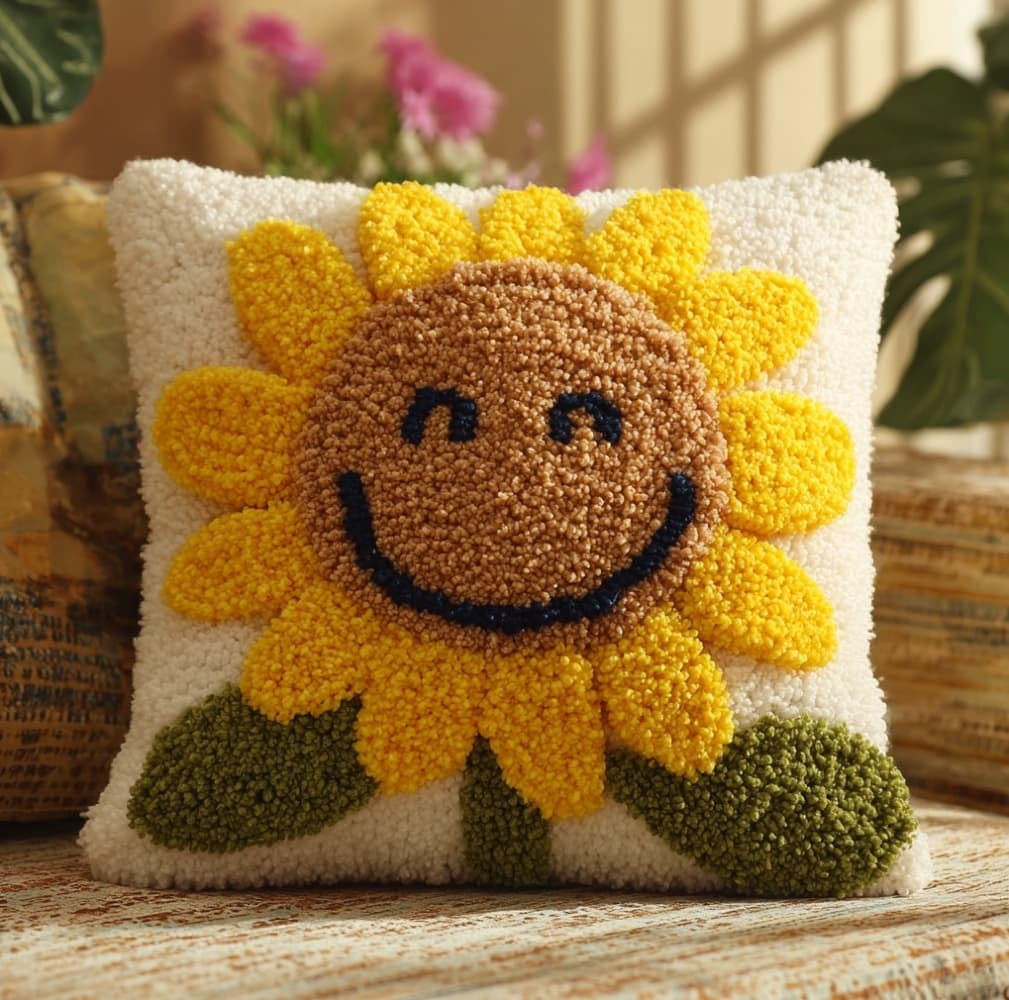 Henypt DIY Latch Hook Kit 43x43cm / 17x17 Inch,Smiling Sunflower Complete Crochet Rug Kit with Yarns & Hook,Creative Needlework Gift for Family