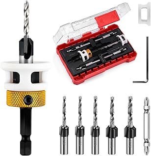 6Pcs Countersink Drill Bit Set with Low Friction Depth Stop,HSS M2 Bits Tapered Head 1/8" 9/64" 5/32" Drill+3/8” 82° Counter Bore,11/64" 3/16" Drill+1/2" 82° Counter Bore,1 Screwdriver,1/4”Hex Shank