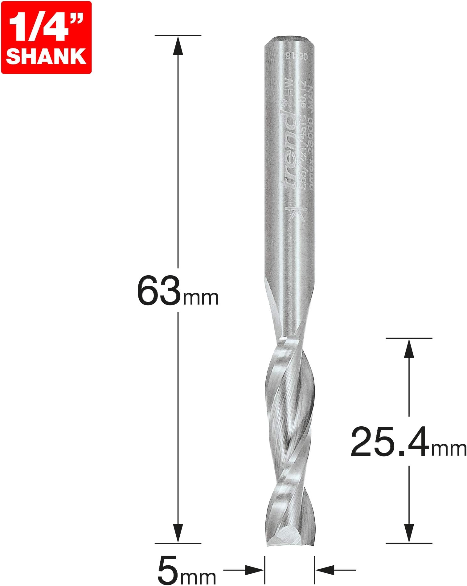 Professional Spiral Up-Cut CNC Router Cutter, 1/4 Inch Shank, 6.35mm Cut Diameter, 25.4mm Cut Length, Solid Tungsten Carbide, S55/2X1/4STC