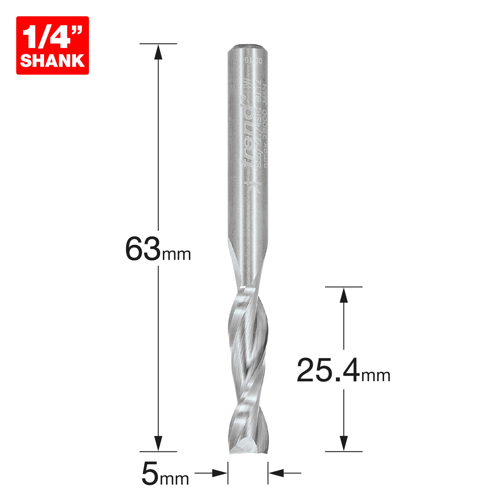 Trend Professional Spiral Up-Cut CNC Router Cutter, 1/4 Inch Shank, 6.35mm Cut Diameter, 25.4mm Cut Length, Solid Tungsten Carbide, S55/2X1/4STC