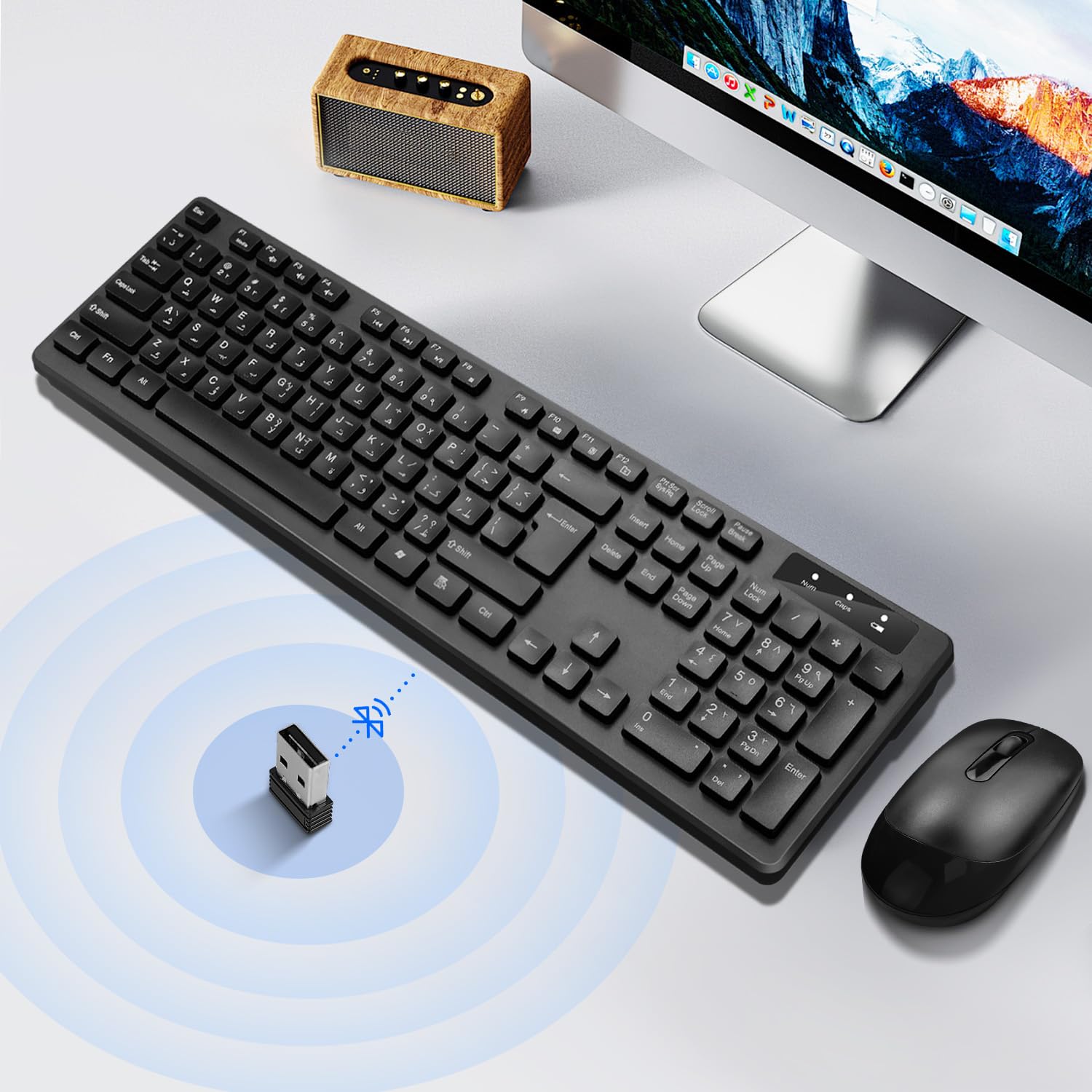 Yakiter Arabic/English Wireless Keyboard and Mouse Combo, 2.4G USB Quiet Cordless Mouse Keyboard Set Ergonomic Full Size with Long Battery Life, for Computer Laptop PC Windows Mac Chrome OS, Black