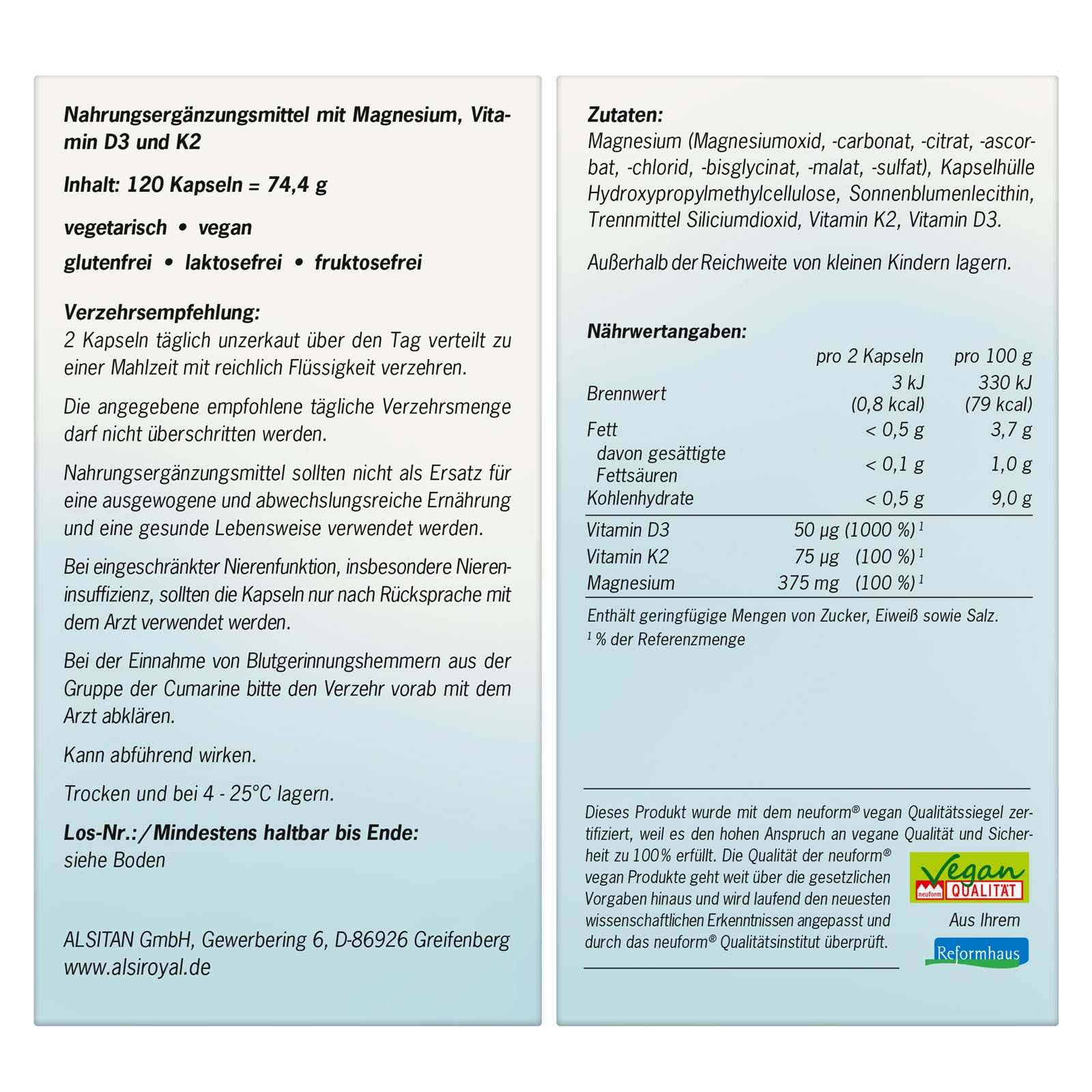 Alsiroyal Magnesium 8 Komplex Kapseln · 375 mg aus 8 Formen · mit D3 + K2