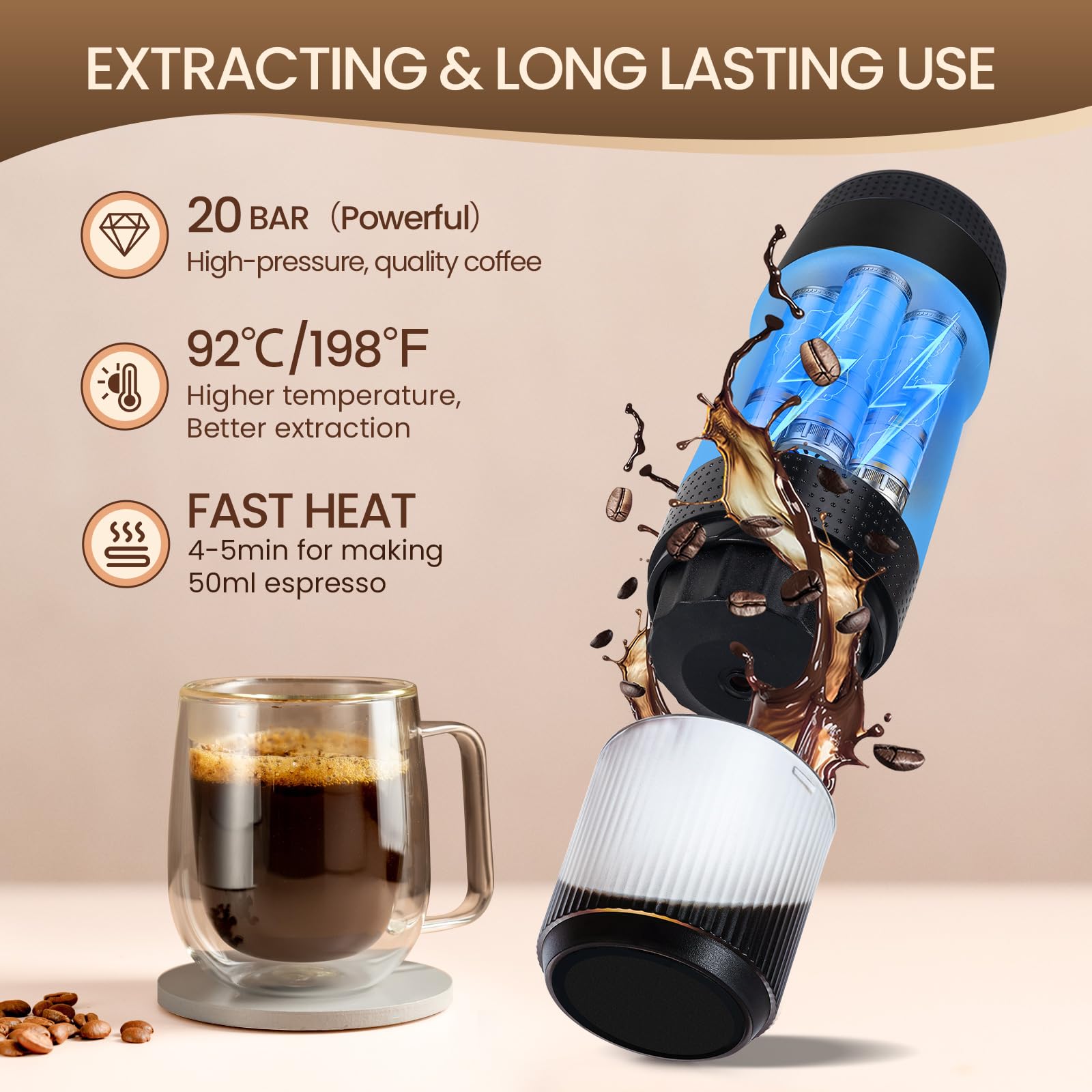 LAMA Machine à expresso électrique à capsules - Mini machine à café portable - Compatible avec capsules de café/poudre, Chauffage instantané pour voiture et extérieur - Noir