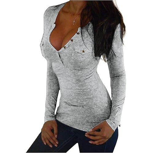 Imagine Women Plus Size Long Sleeve Solid Button Down V Neck Tee Shirts Tops