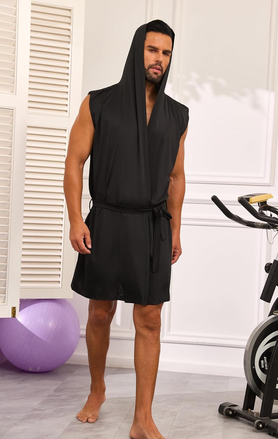 VintageClothing Men's Summer Robe with Hooded Lightweight Bathrobe House Kimono Sleeveless Sexy Sleepwear Pajamas - Image 2