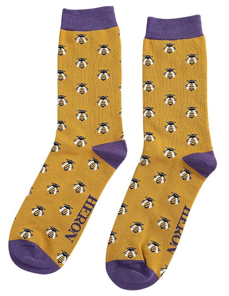 Lilyrosa Men's Yellow Bee Socks 6-11 Bamboo Bees Mustard Blue Grey 1 Pair (Yellow)