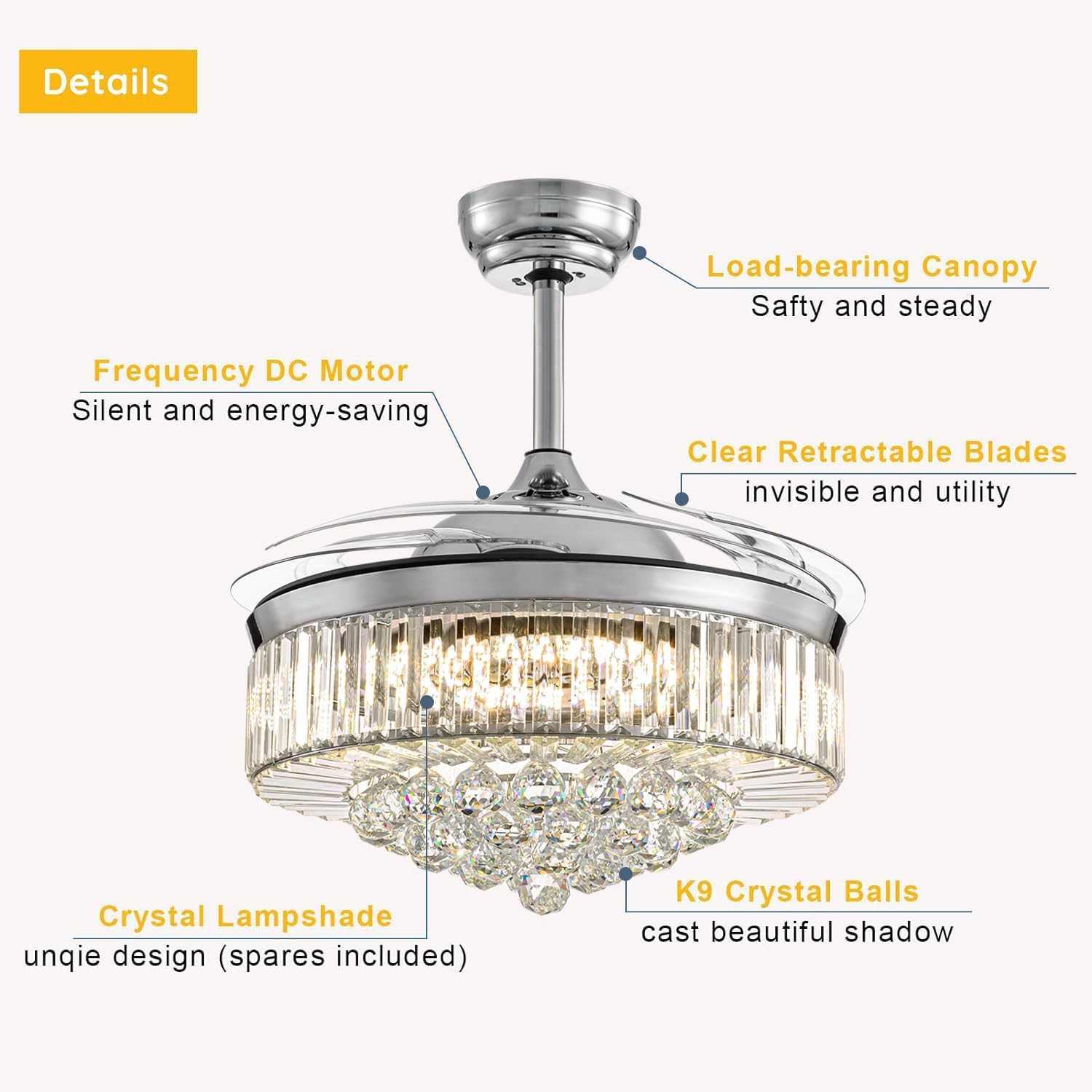 Modern 48 Inch Dimmable Crystal Fandelier, Retractable Blades Ceiling Fans with Light and Remote, Invisible LED Ceiling Fan Light Kit for Bedroom-Polished Chrome