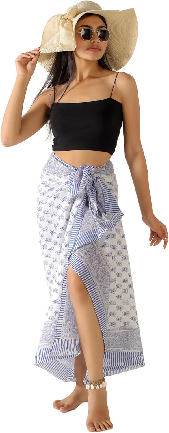 100% Cotton Sarong Coverup for Women Indian Hand Block Print Swimsuit Pareo Wrap Skirt Beach Bikini Cover Up Long (73" x 43") - Image 2