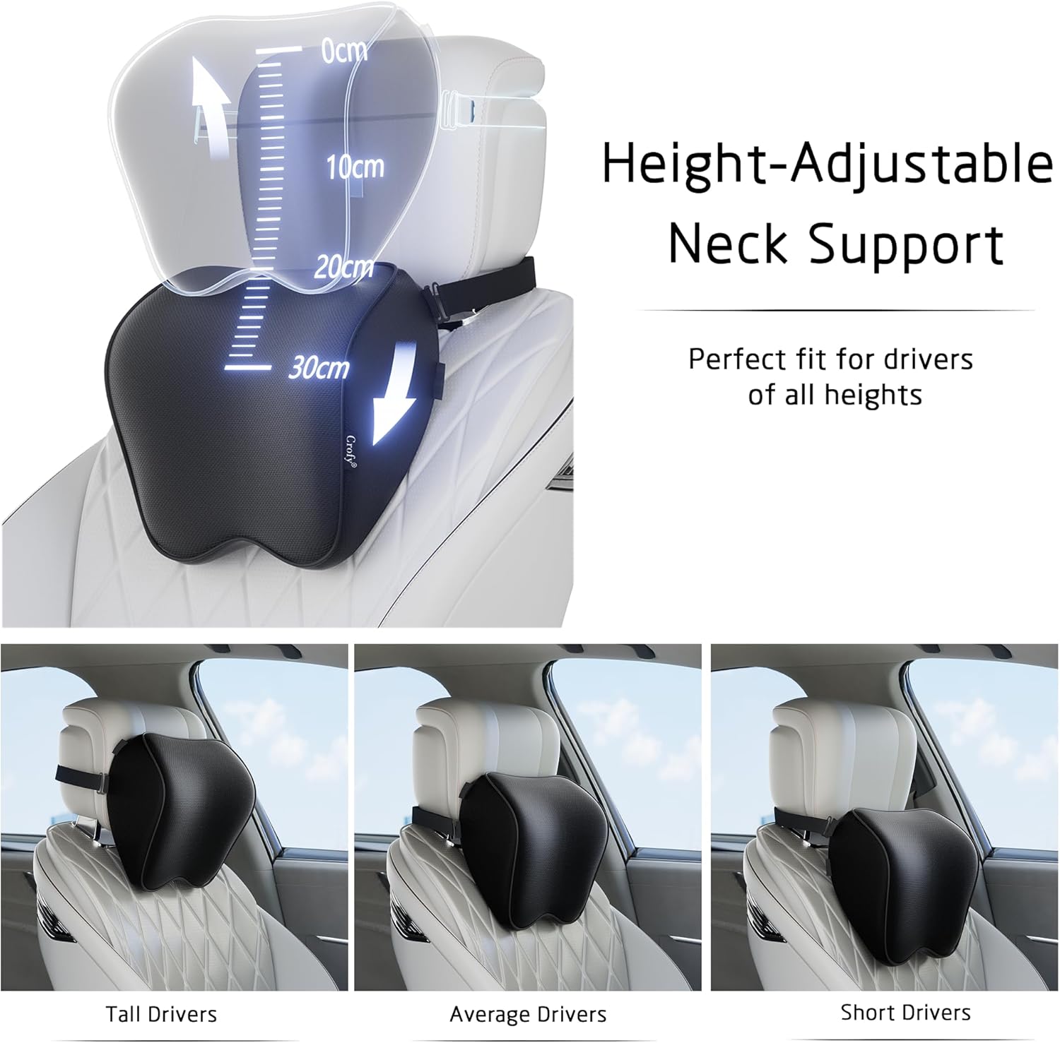 Crofy 2-Pack Car Neck Pillow, Softness Car Headrest Pillow for Driving with Adjustable Strap, 100% Memory Foam and Breathable Removable Cover, Comfortable Ergonomic Design, Black