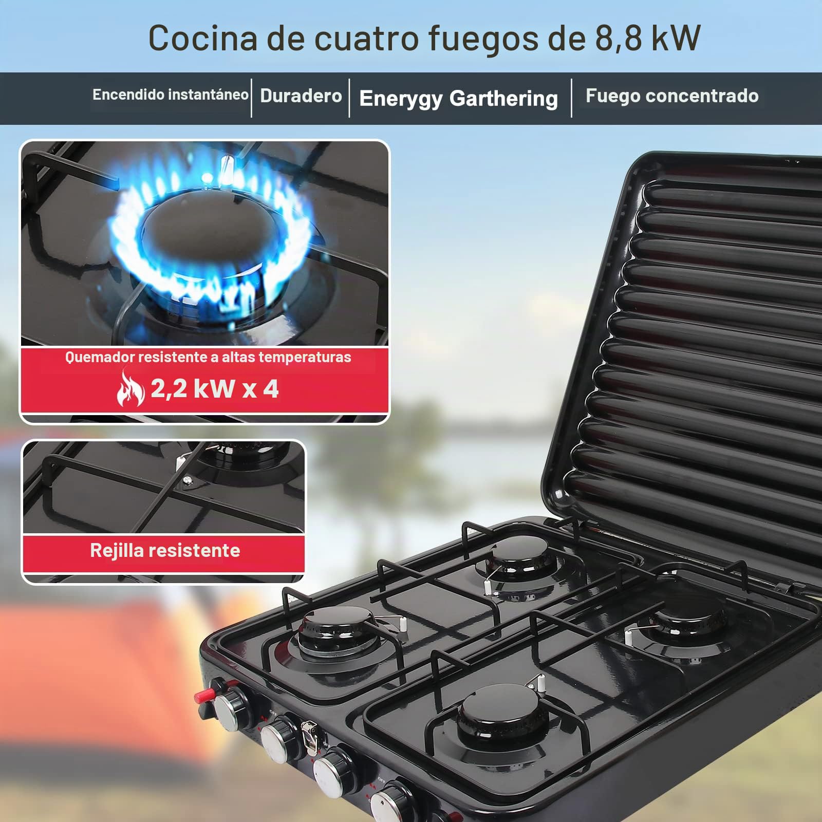 8.8KW Cocina de Gas Portátil 4 Fuegos con Hornillo de Exterior GLP para Camping, Quemador para Acampar 48 x 48.5 x 10.5 cm (‎Puro Negro)