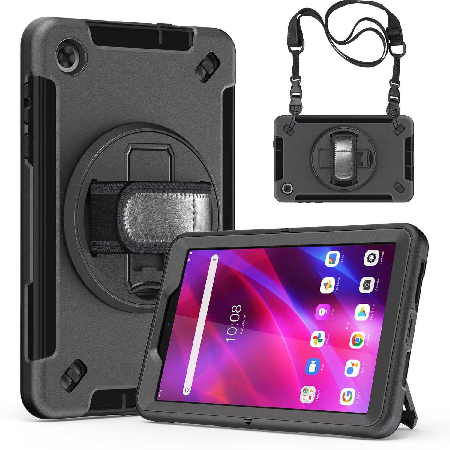 Junfire Shockproof Case for Lenovo Tab M8 4th Gen 2023, Heavy Duty Rugged Case with 360°Rotatable Kickstand/Hand Strap/Stylus Holder for TB-300FU/TB-300FX, Black