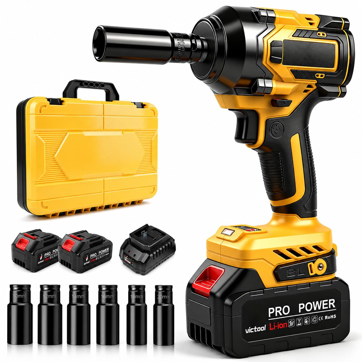 VOBOR Cle a Choc Sans Fil Brushless avec 2x Batterie 4000mAh et 6 Douilles 1/2", 2800 RPM 650N.m Clé à Chocs Électrique 21V pour Boulonner et Déboulonner