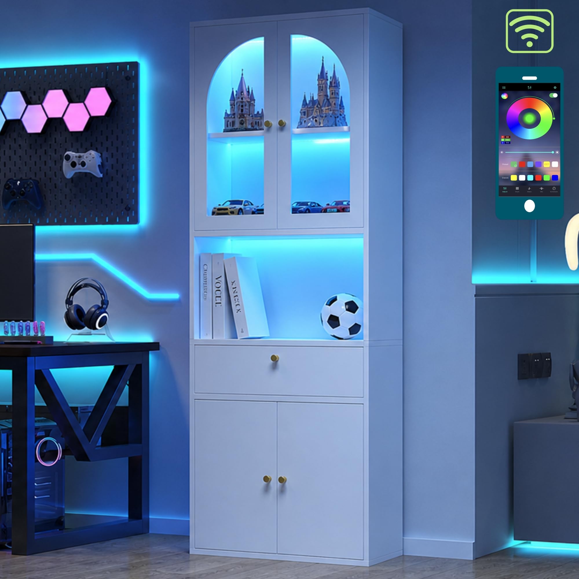 Vitrina de cristal, estantería, armario de oficina, armario de figura, armario alto, armario de cocina, con tiras LED RGB multicolor regulables, controlable mediante aplicación para smartphone, color