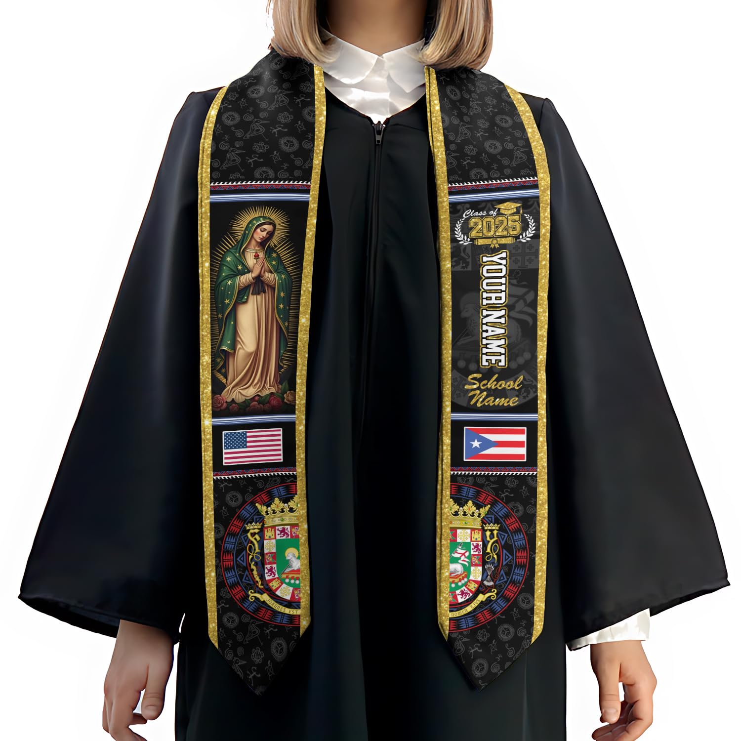 MonkeyVan Personalized Puerto Rico Graduation Sash 2025, Custom Puerto Rican American Flag Graduation Stole Class of 2039 S167