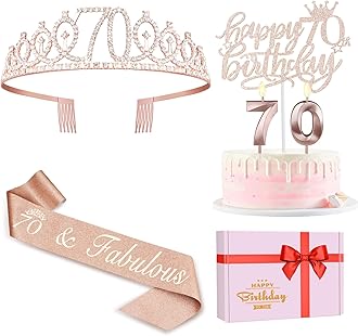 70th Birthday Decorations for Women, Including Sash, Crown/Tiara, Candles, Cake Topper, 70th Birthday Gifts for Women